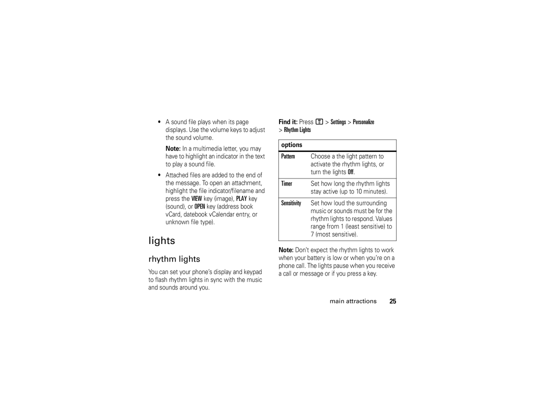 Motorola E1 user manual Rhythm lights, Find it Press M Settings Personalize Rhythm Lights, Options 