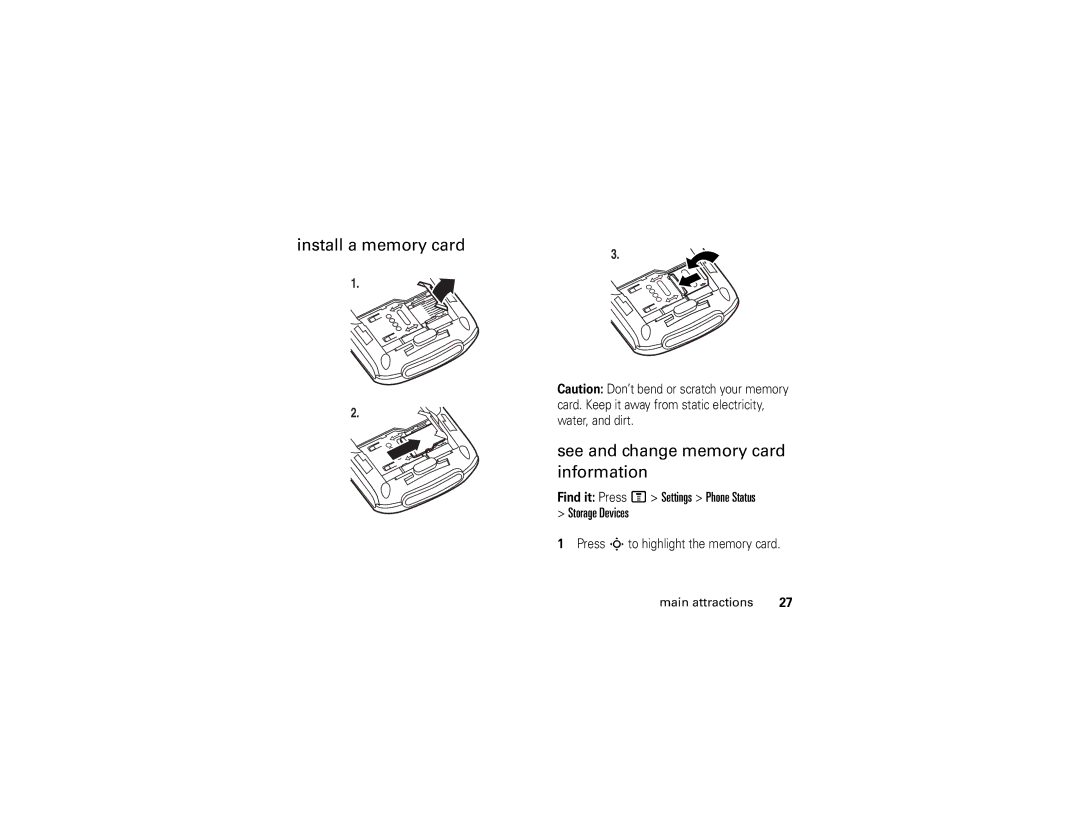 Motorola E1 user manual Find it Press M Settings Phone Status Storage Devices, Press S to highlight the memory card 