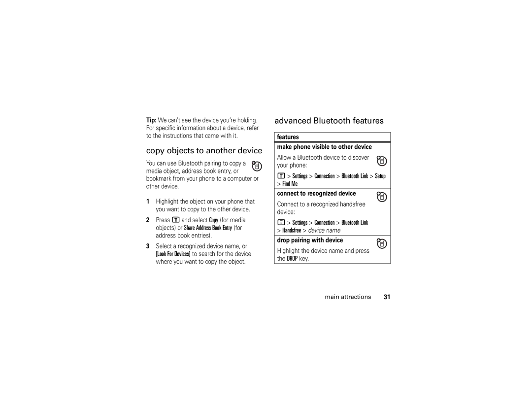 Motorola E1 Copy objects to another device, Advanced Bluetooth features, Find Me, Settings Connection Bluetooth Link 