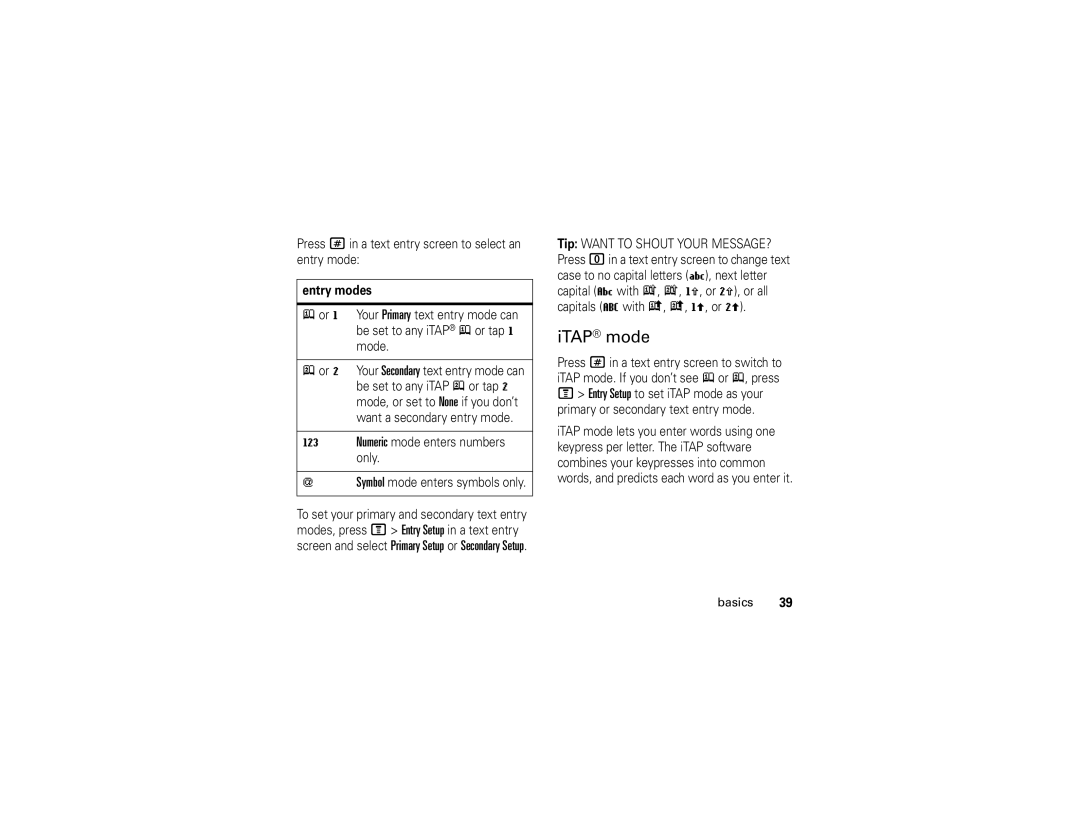 Motorola E1 user manual ITAP mode, Press # in a text entry screen to select an entry mode, Entry modes 