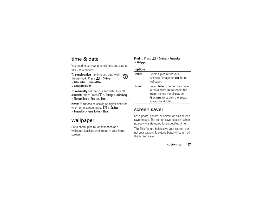 Motorola E1 user manual Time & date, Wallpaper, Screen saver 