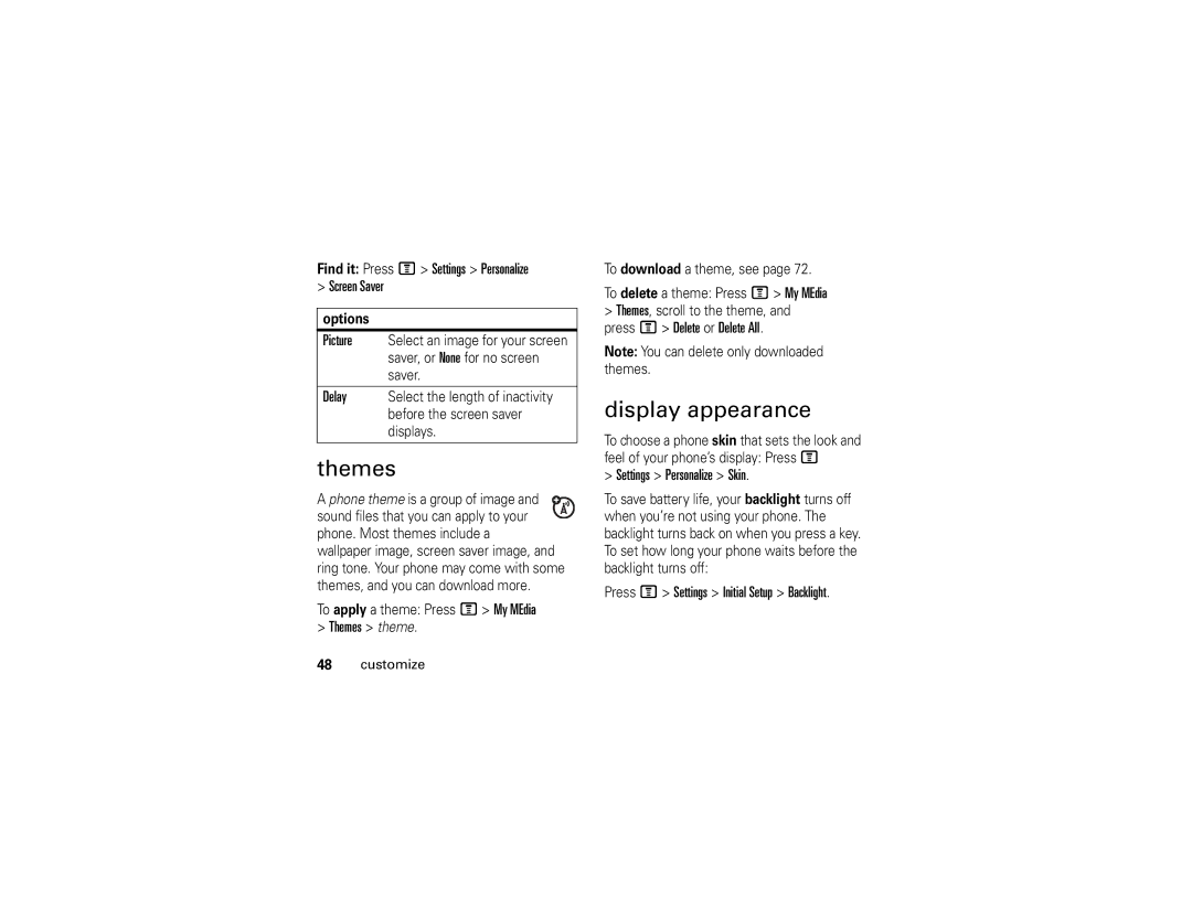 Motorola E1 user manual Themes, Display appearance 