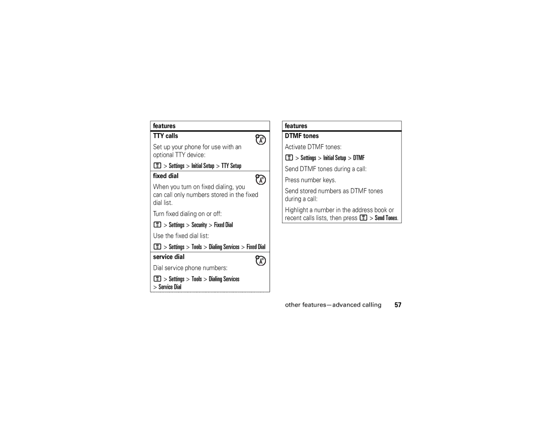 Motorola E1 Settings Initial Setup TTY Setup, Settings Security Fixed Dial, Settings Tools Dialing Services Service Dial 