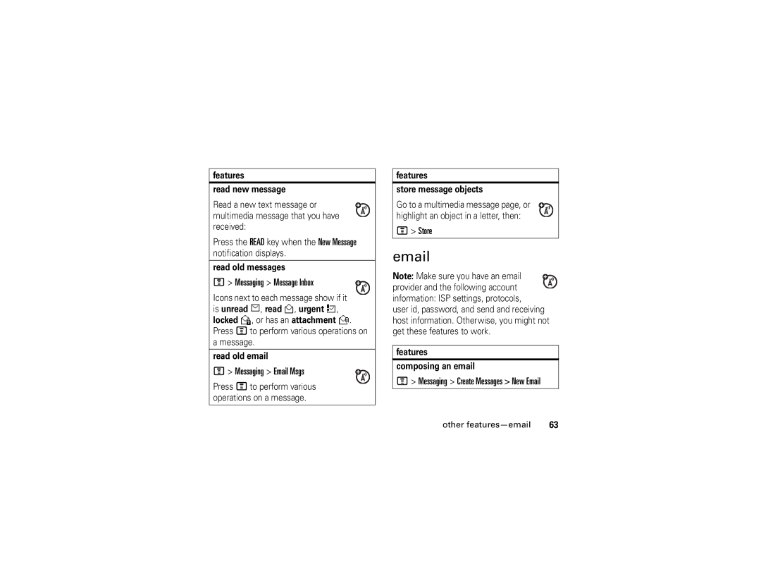 Motorola E1 user manual Messaging Message Inbox, Messaging Email Msgs, Store, Other features-email 