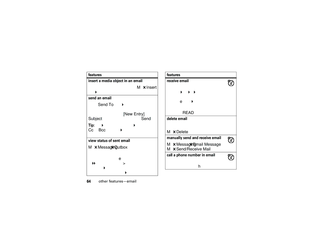 Motorola E1 user manual Messaging Outbox, Delete, Messaging Email Message Send/Receive Mail 