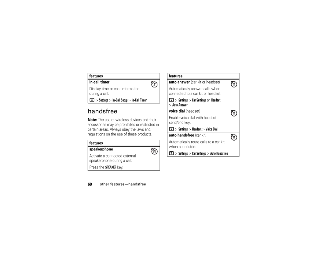 Motorola E1 user manual Handsfree, Settings In-Call Setup In-Call Timer, Settings Car Settings or Headset Auto Answer 