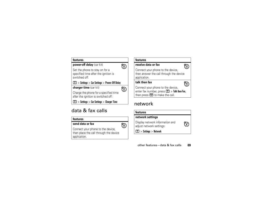 Motorola E1 Data & fax calls, Settings Car Settings Charger Time, Settings Network, Other features-data & fax calls 