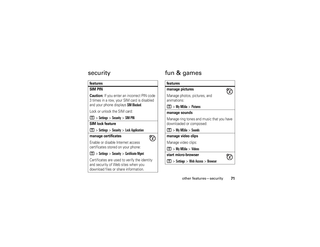 Motorola E1 user manual Security, Fun & games 