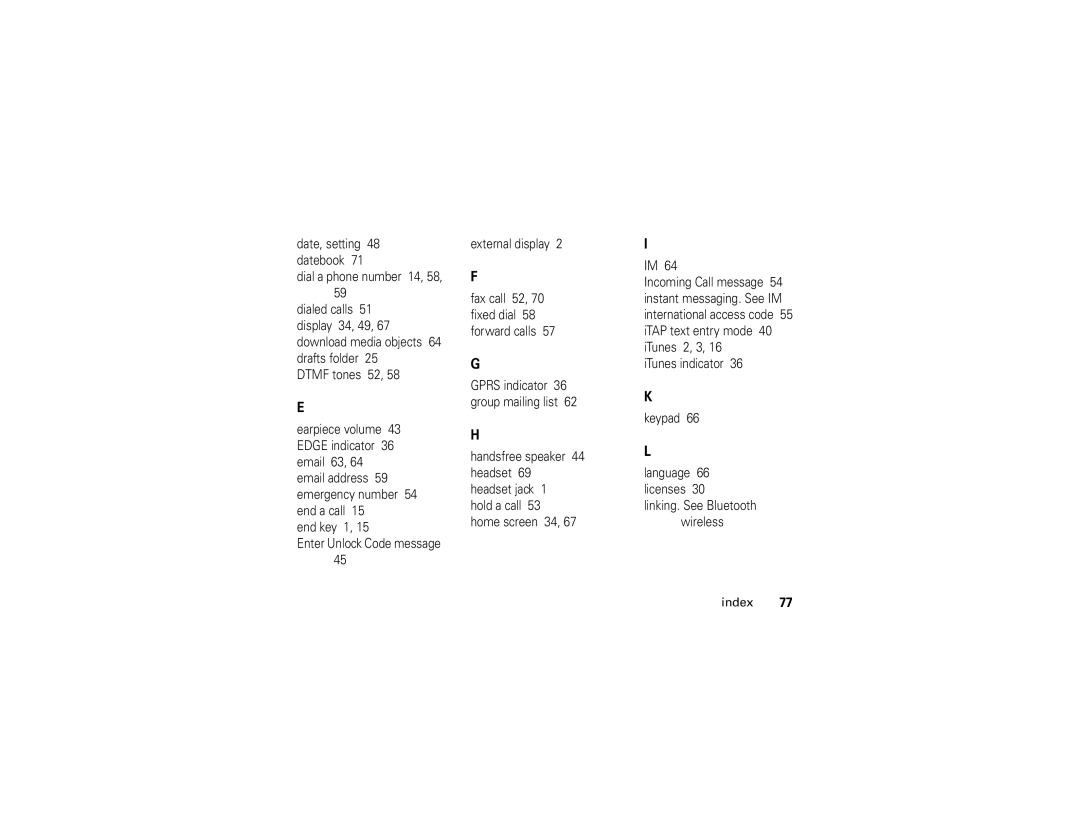 Motorola E1 user manual Index 