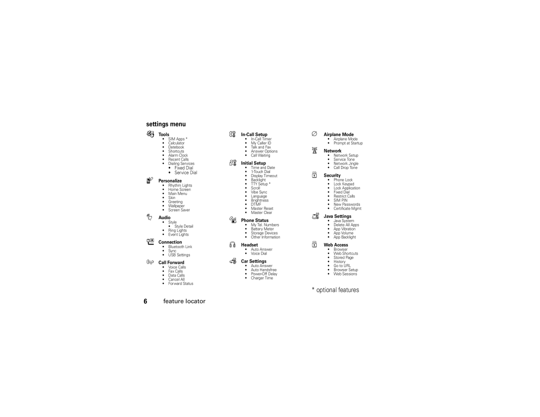 Motorola E1 user manual Settings menu, Tools 