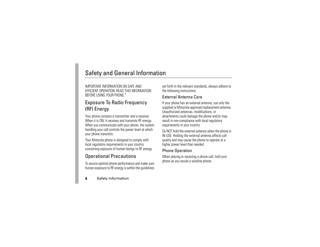 Motorola E1 user manual Exposure To Radio Frequency RF Energy, Operational Precautions, Safety Information 