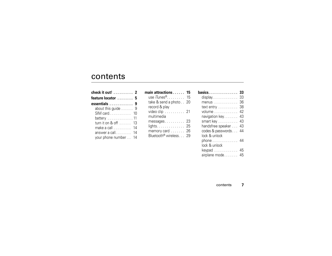 Motorola E1 user manual Contents 