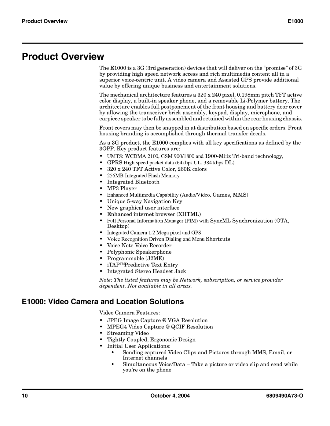 Motorola service manual E1000 Video Camera and Location Solutions, Product Overview E1000 