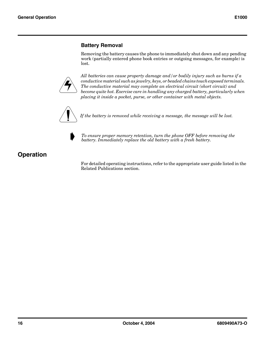 Motorola E1000 service manual Operation, Battery Removal 