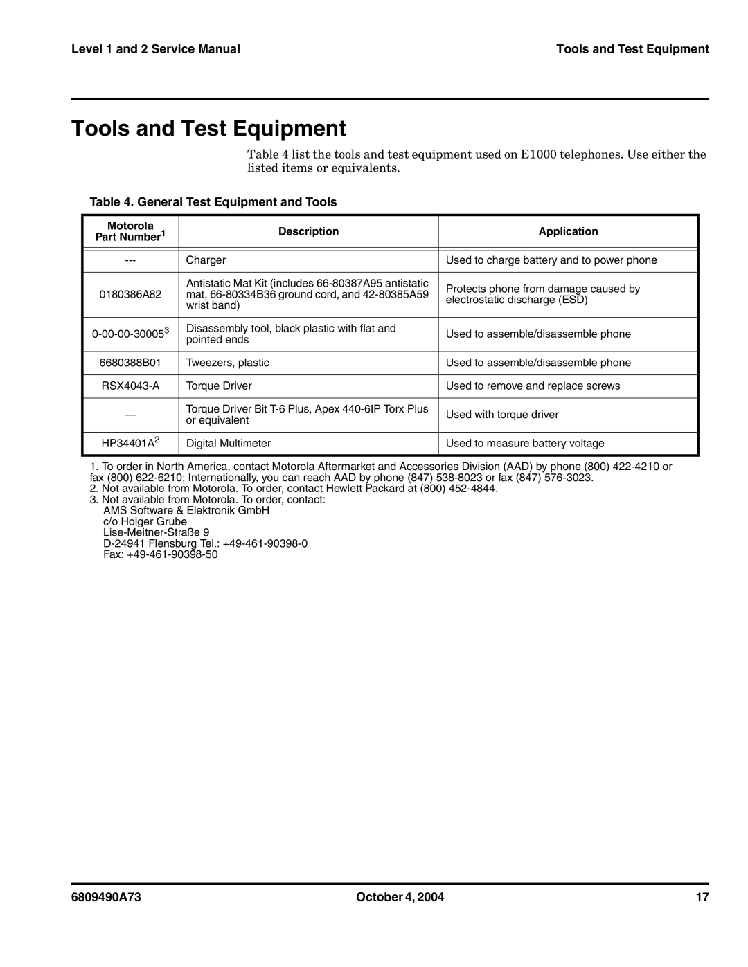 Motorola E1000 service manual Tools and Test Equipment, General Test Equipment and Tools 