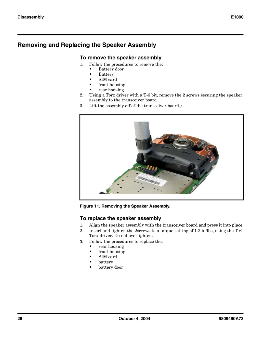 Motorola E1000 service manual Removing and Replacing the Speaker Assembly, To remove the speaker assembly 