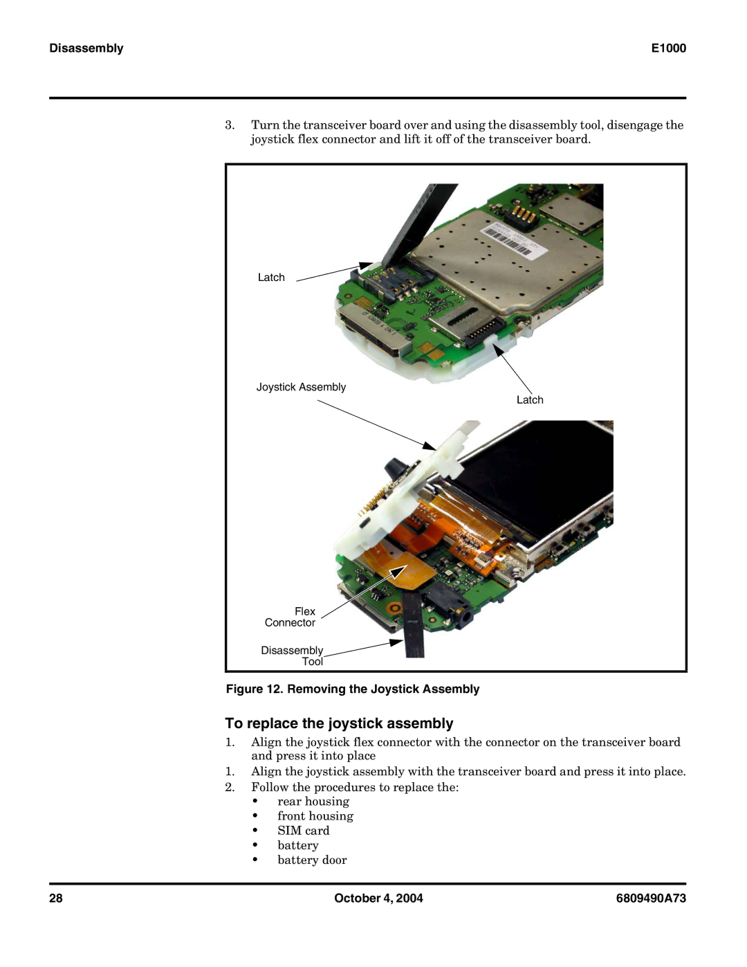 Motorola E1000 service manual To replace the joystick assembly, Removing the Joystick Assembly 