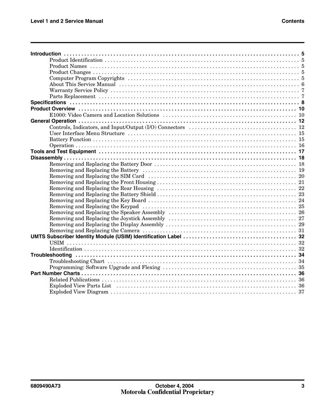 Motorola E1000 service manual Contents, Introduction, Specifications Product Overview, General Operation, Troubleshooting 