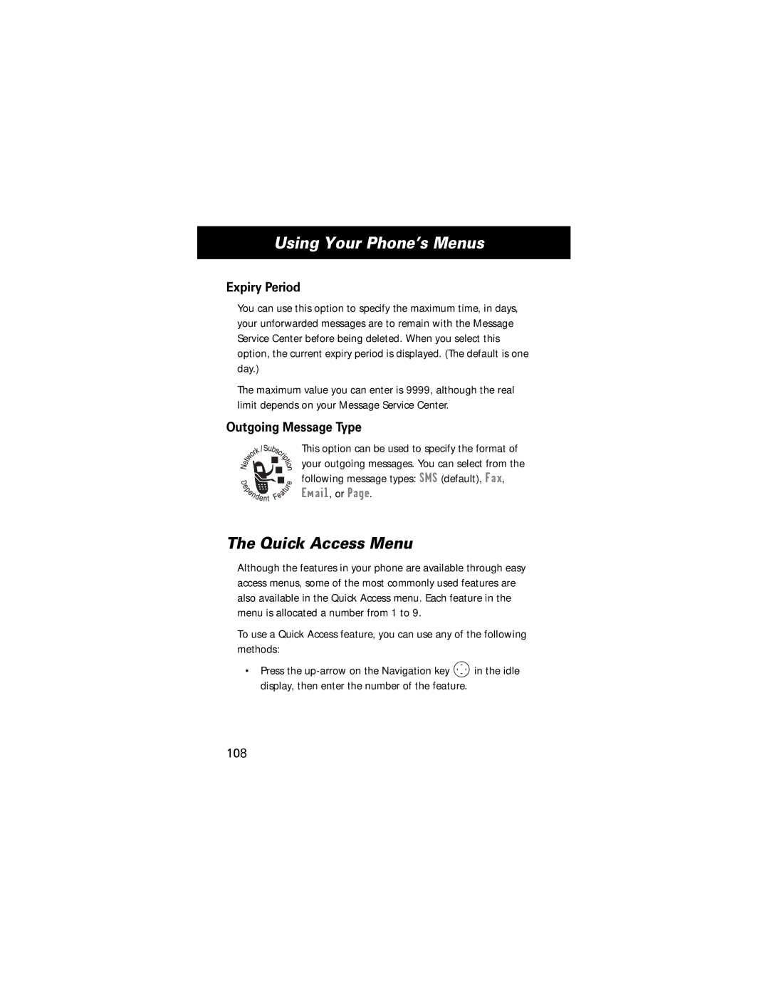 Motorola E360 manual Quick Access Menu, Expiry Period, Outgoing Message Type, Email, or, 108 