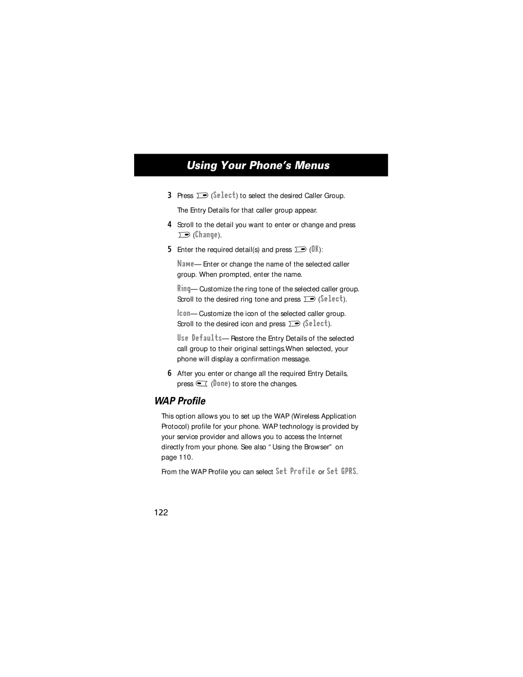 Motorola E360 manual WAP Profile, Directly from your phone. See also Using the Browser on, 122 