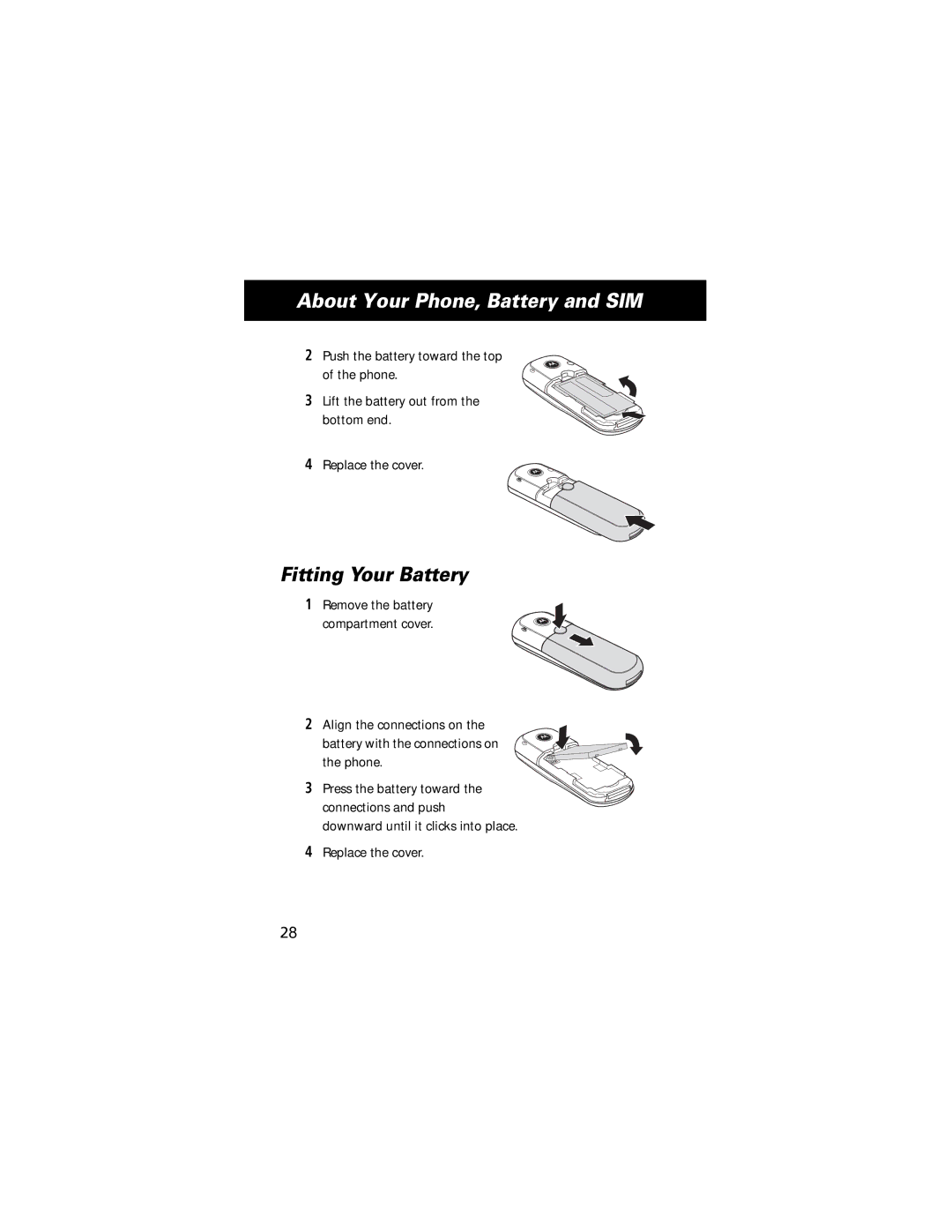 Motorola E360 manual Fitting Your Battery, Replace the cover 