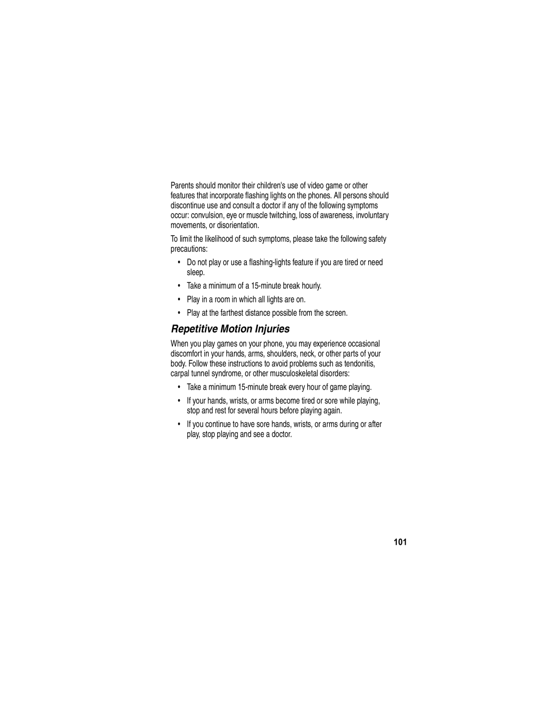 Motorola E398 manual Repetitive Motion Injuries, 101 