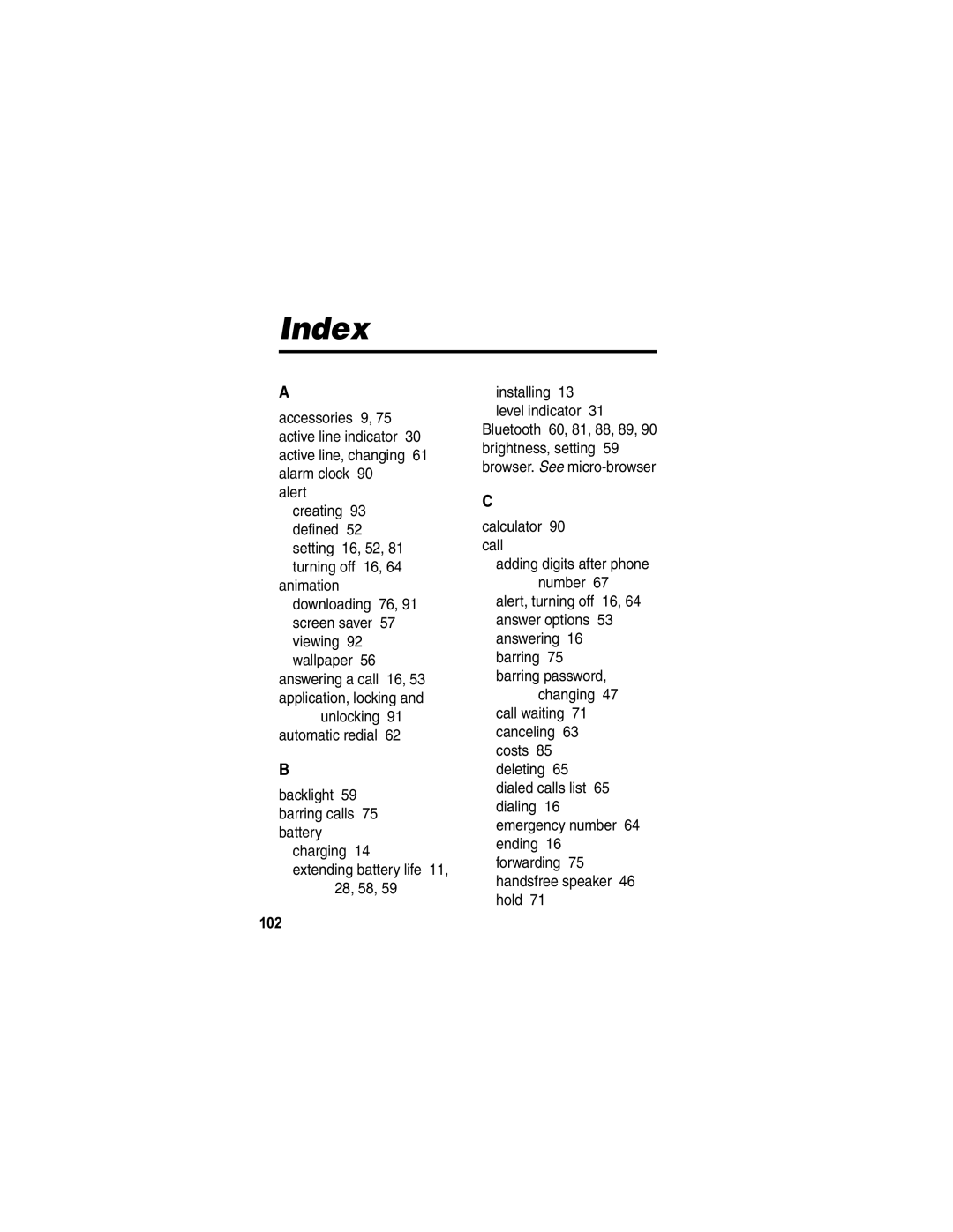 Motorola E398 manual Index, 102 