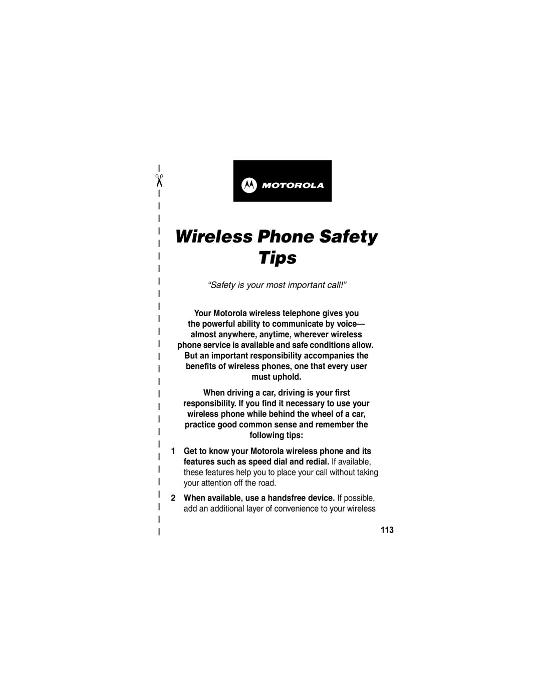 Motorola E398 manual Wireless Phone Safety Tips, 113 