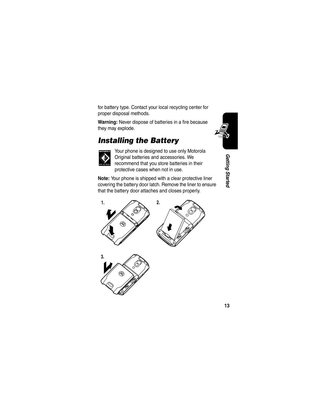 Motorola E398 manual Installing the Battery 