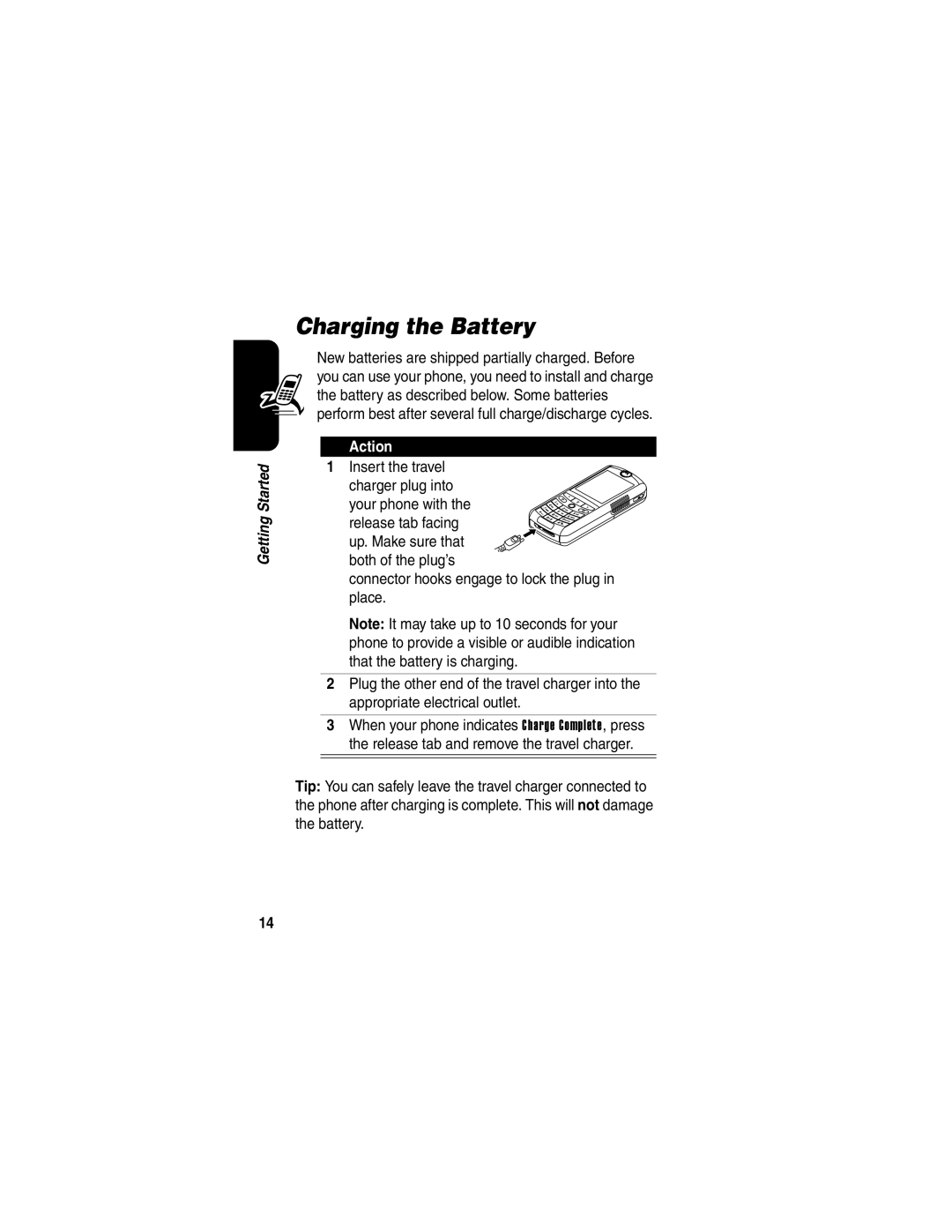 Motorola E398 manual Charging the Battery, Insert the travel, Charger plug into 