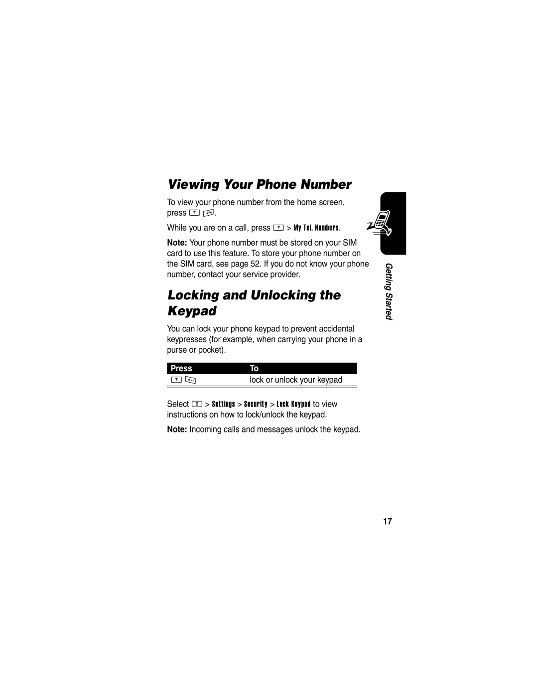 Motorola E398 manual Viewing Your Phone Number, Locking and Unlocking the Keypad 