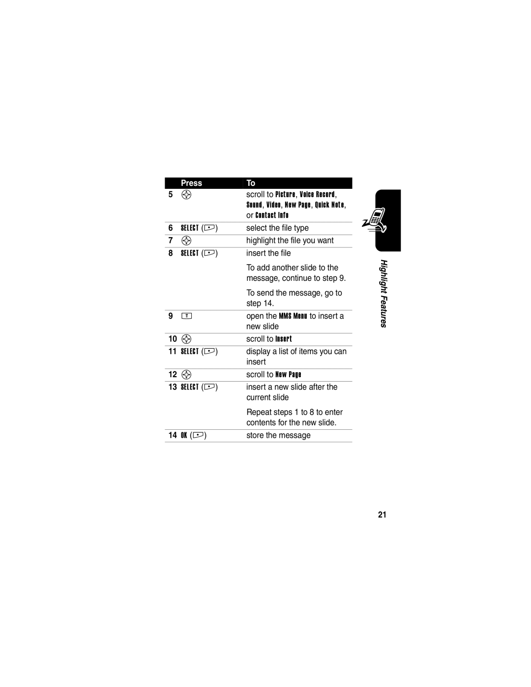 Motorola E398 Select the file type, Highlight the file you want, Insert the file, To add another slide to, Step, New slide 