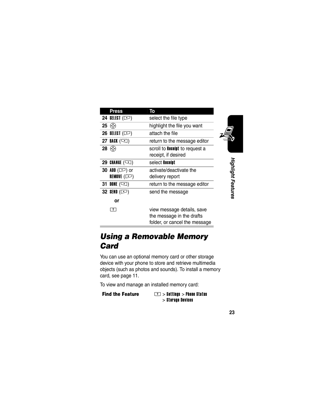 Motorola E398 manual Using a Removable Memory Card 