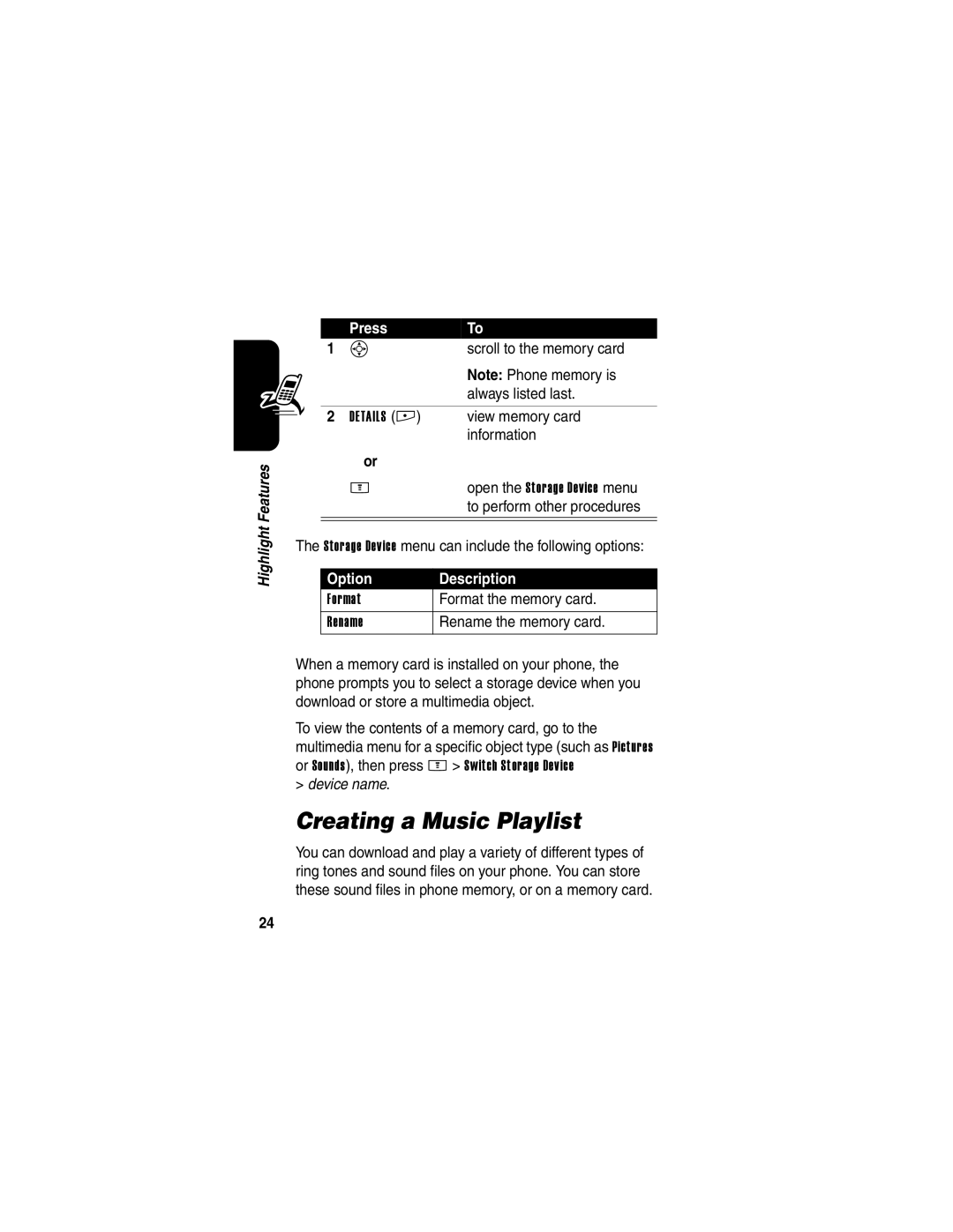 Motorola E398 manual Creating a Music Playlist 