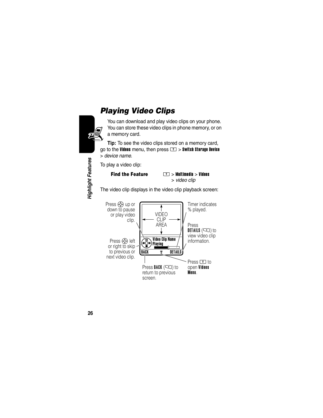 Motorola E398 manual Playing Video Clips, To play a video clip 