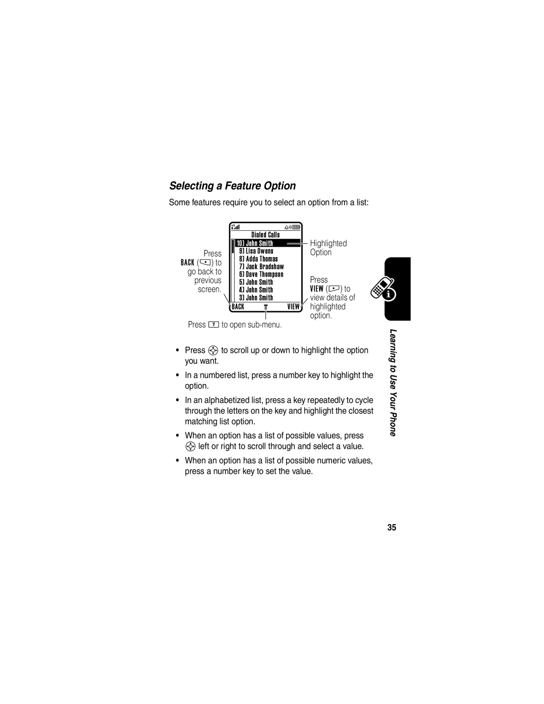 Motorola E398 manual Selecting a Feature Option 