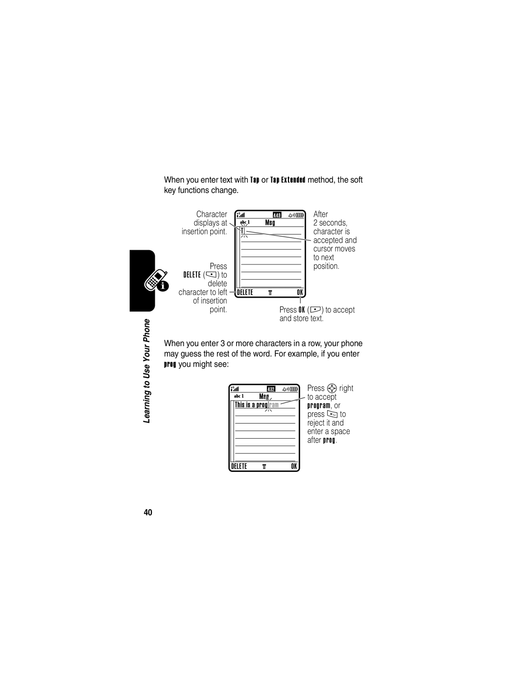 Motorola E398 manual After, Seconds, To next, Position, Store text, Press Sright to accept 