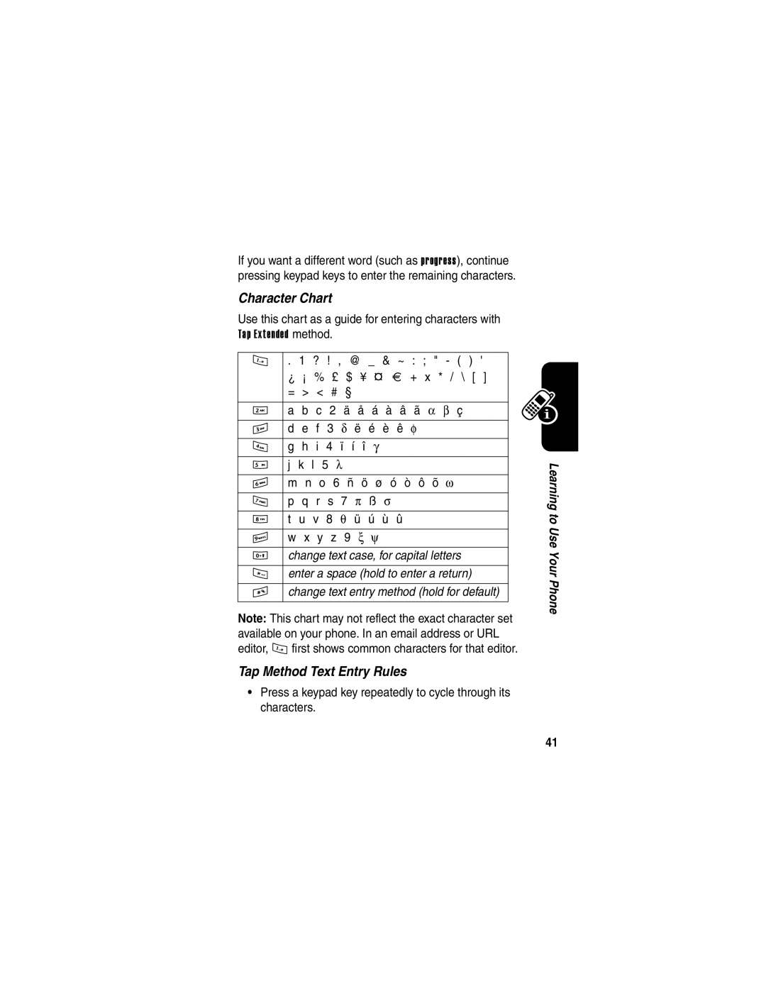 Motorola E398 manual Character Chart, Tap Method Text Entry Rules, ? ! , @ & ~ 