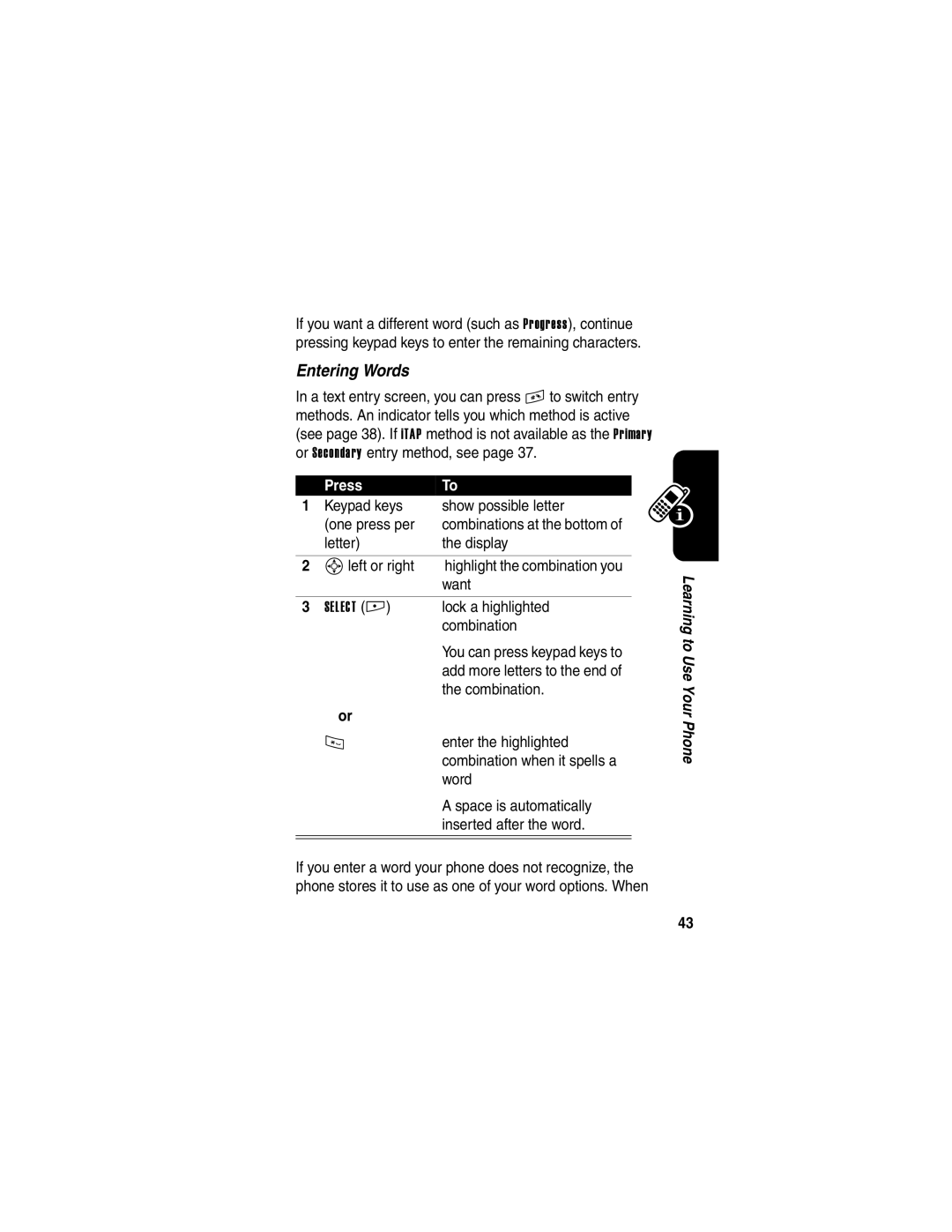 Motorola E398 manual Entering Words 