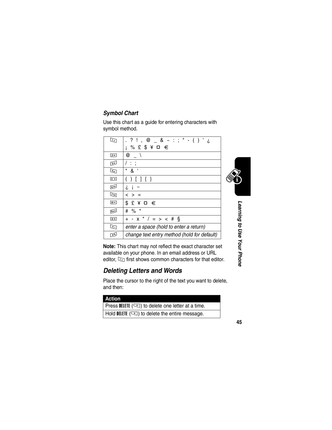 Motorola E398 manual Deleting Letters and Words, Symbol Chart 