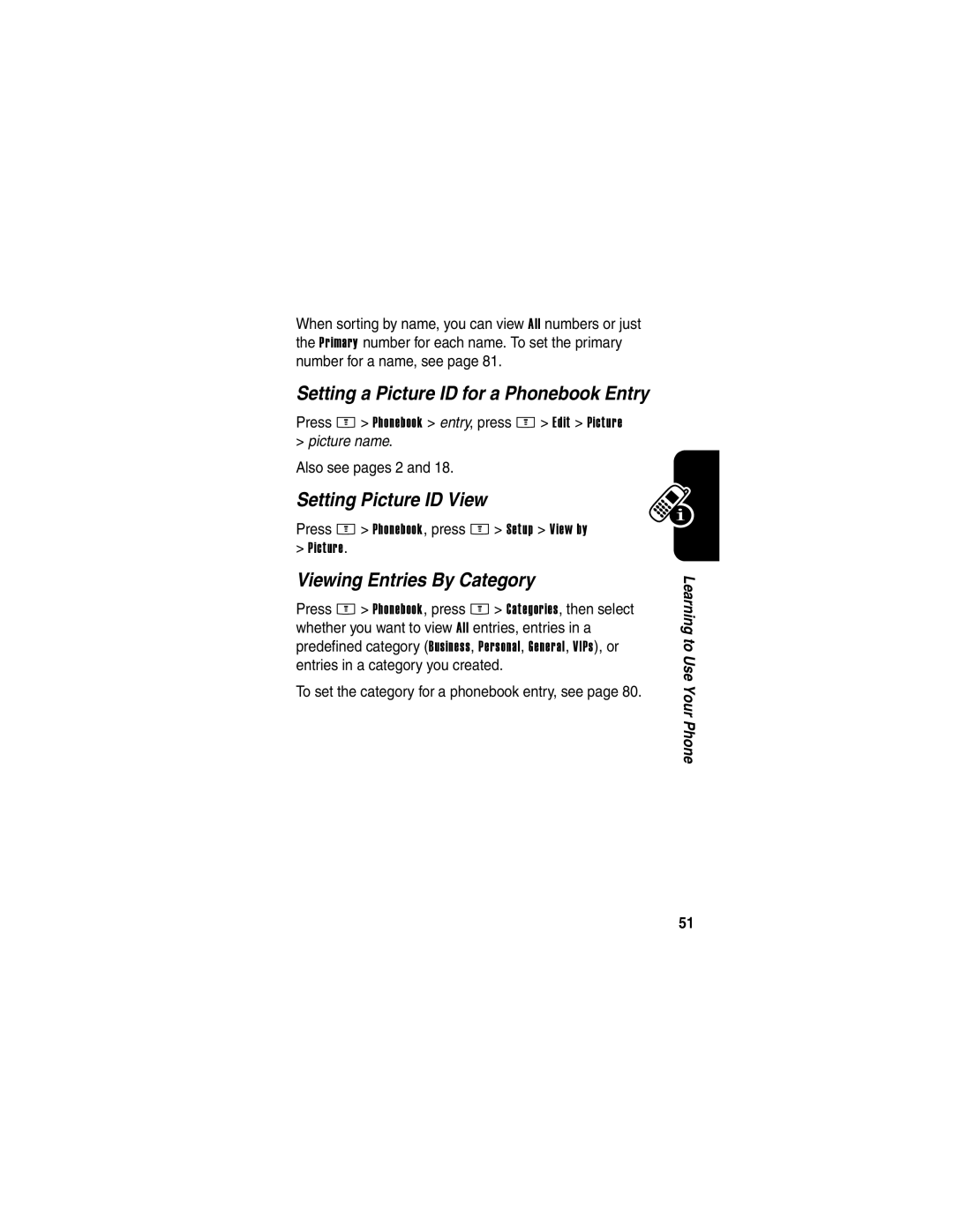 Motorola E398 manual Setting a Picture ID for a Phonebook Entry, Setting Picture ID View, Viewing Entries By Category 