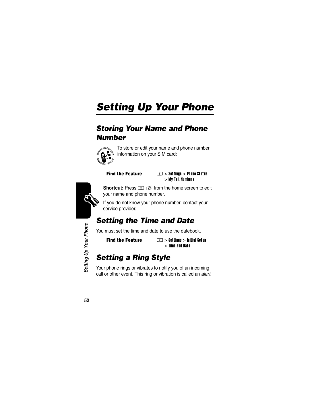 Motorola E398 Setting Up Your Phone, Storing Your Name and Phone Number, Setting the Time and Date, Setting a Ring Style 