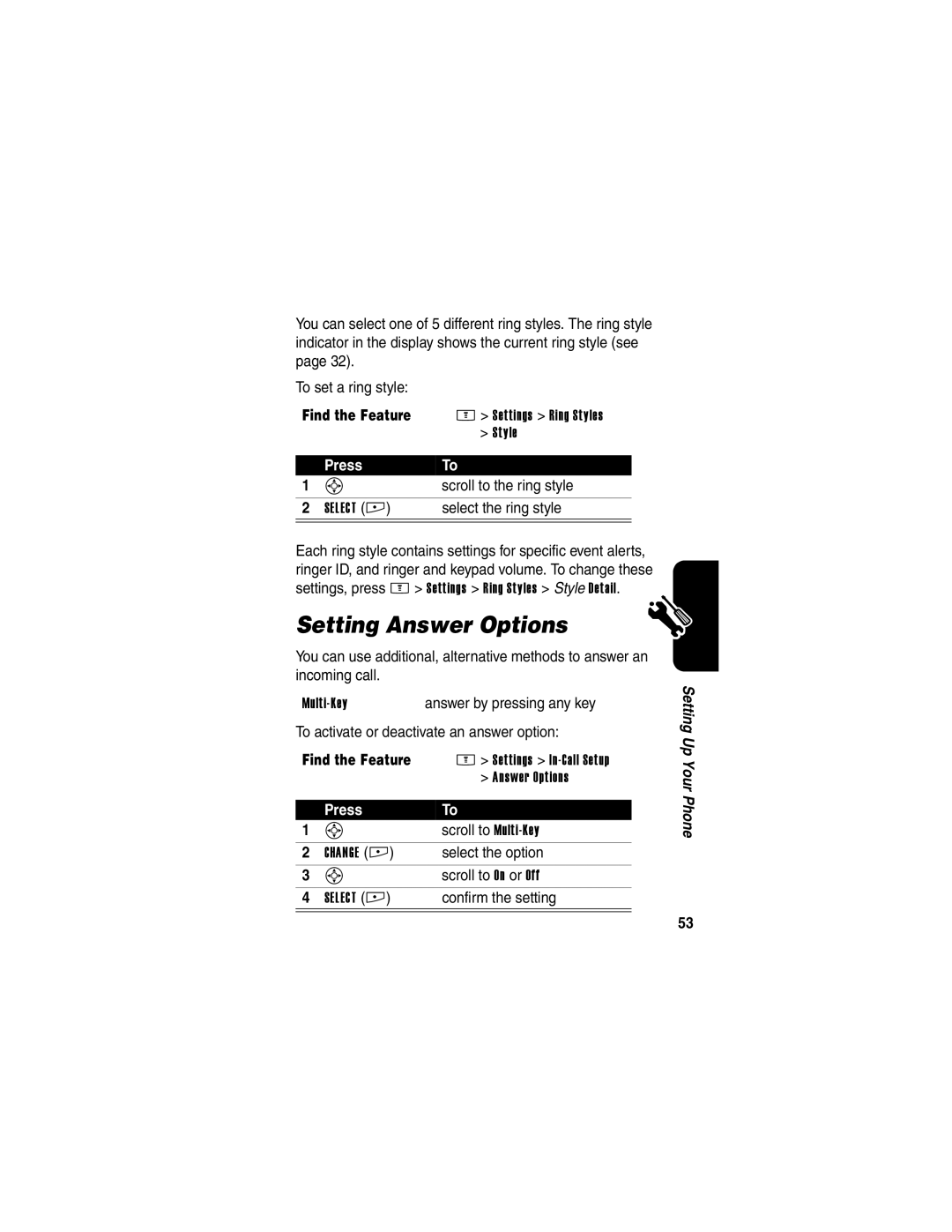 Motorola E398 manual Setting Answer Options 