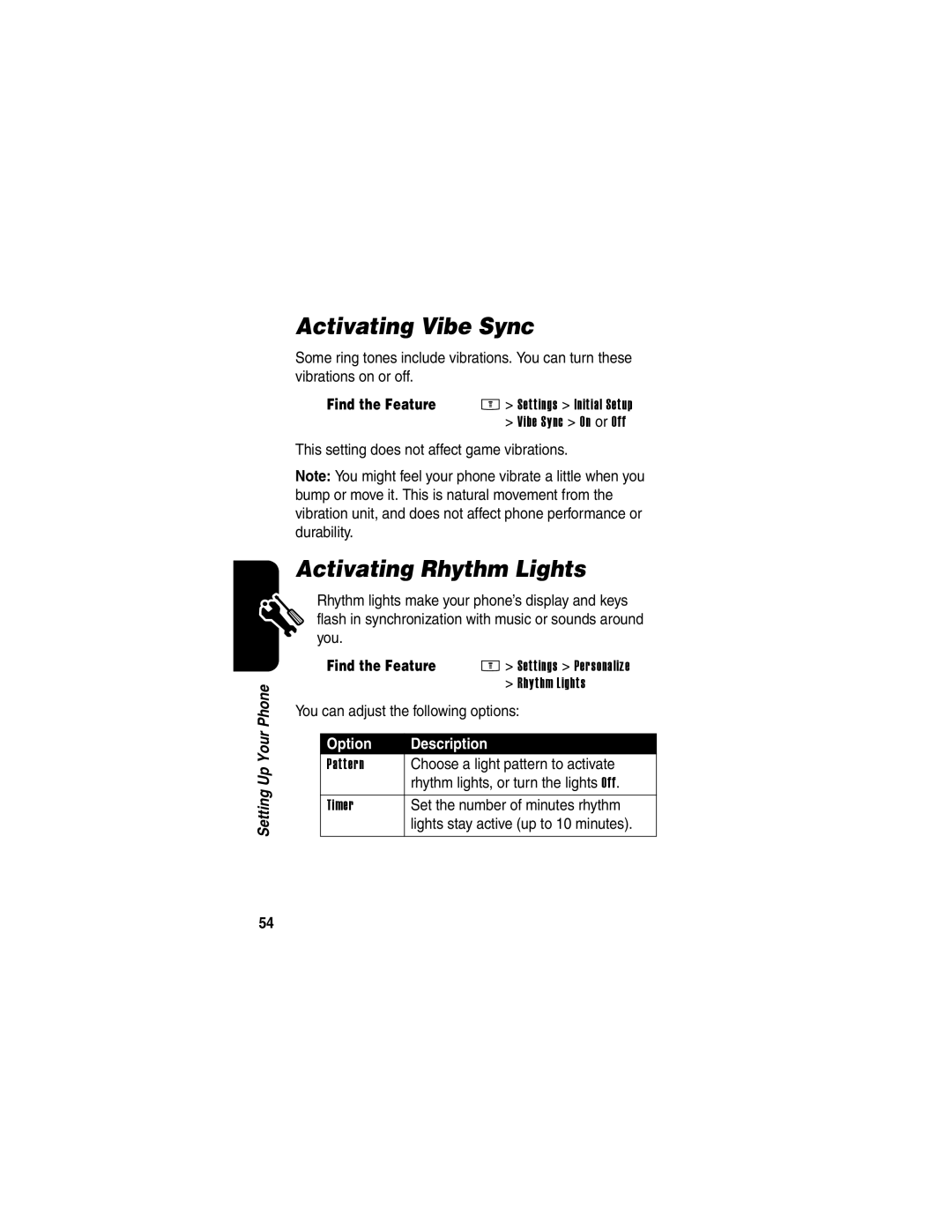 Motorola E398 manual Activating Vibe Sync, Activating Rhythm Lights 