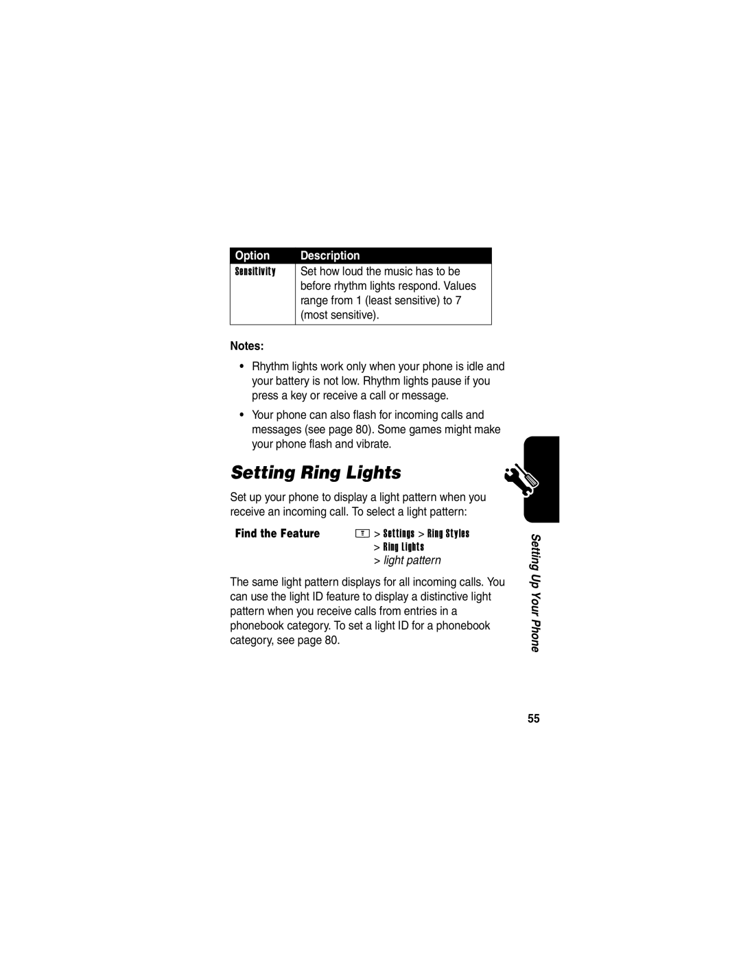 Motorola E398 manual Setting Ring Lights, Set how loud the music has to be, Range from 1 least sensitive to, Most sensitive 