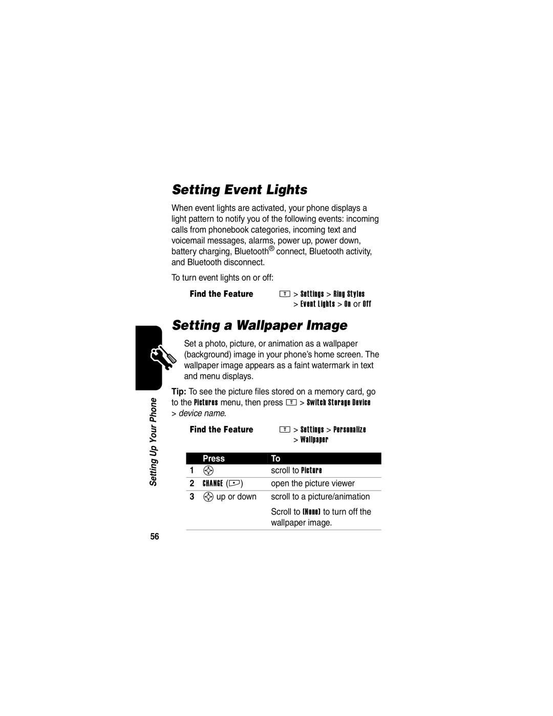 Motorola E398 manual Setting Event Lights, Setting a Wallpaper Image, Scroll to Picture, Open the picture viewer 