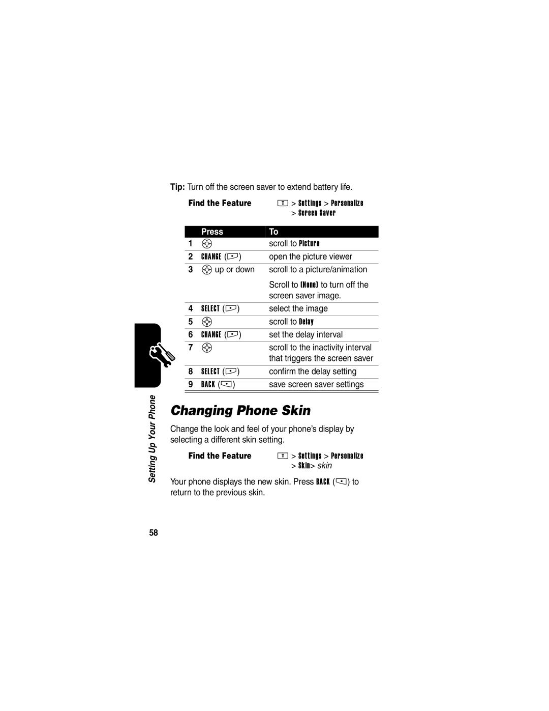 Motorola E398 manual Changing Phone Skin 