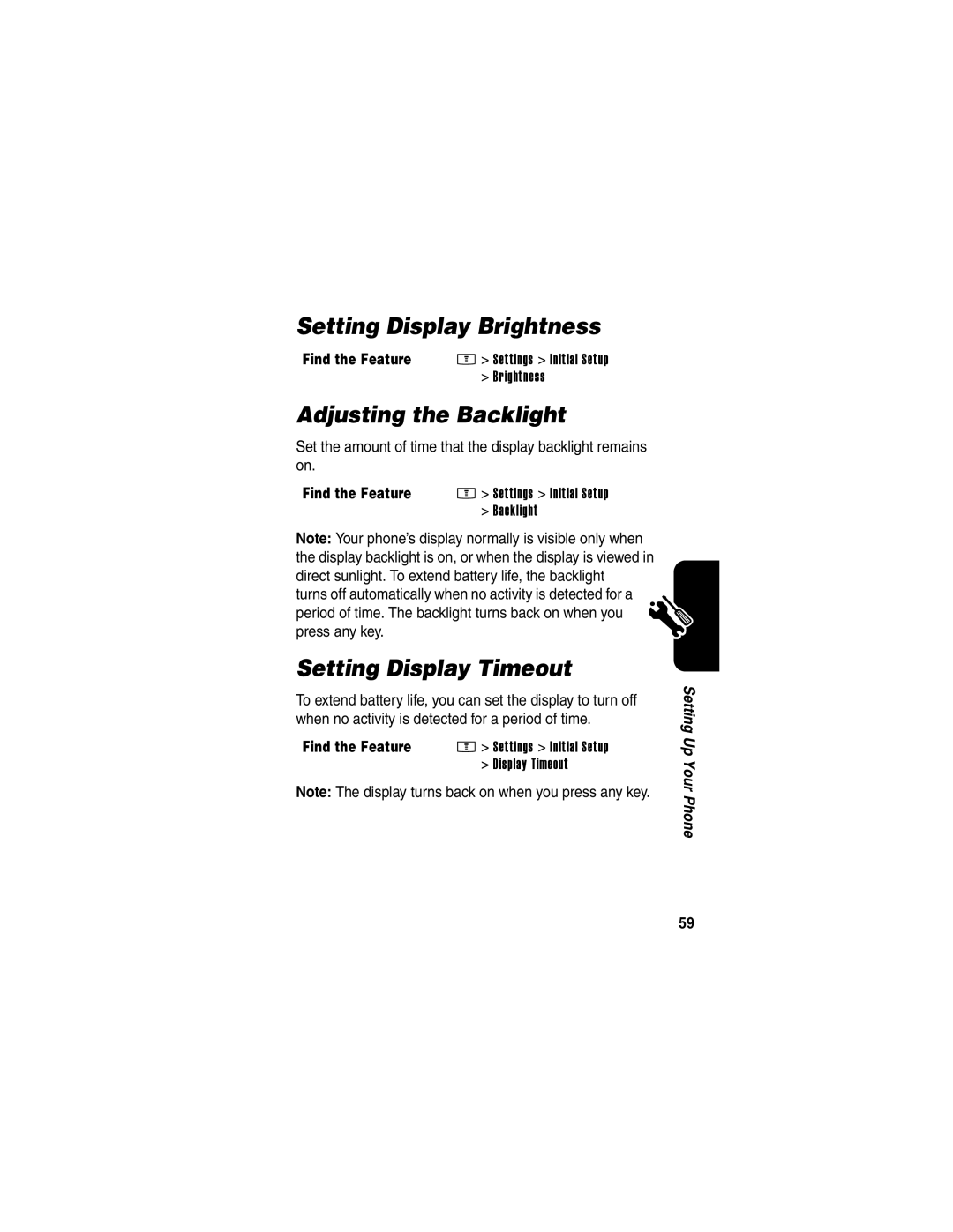 Motorola E398 manual Setting Display Brightness, Adjusting the Backlight, Setting Display Timeout 