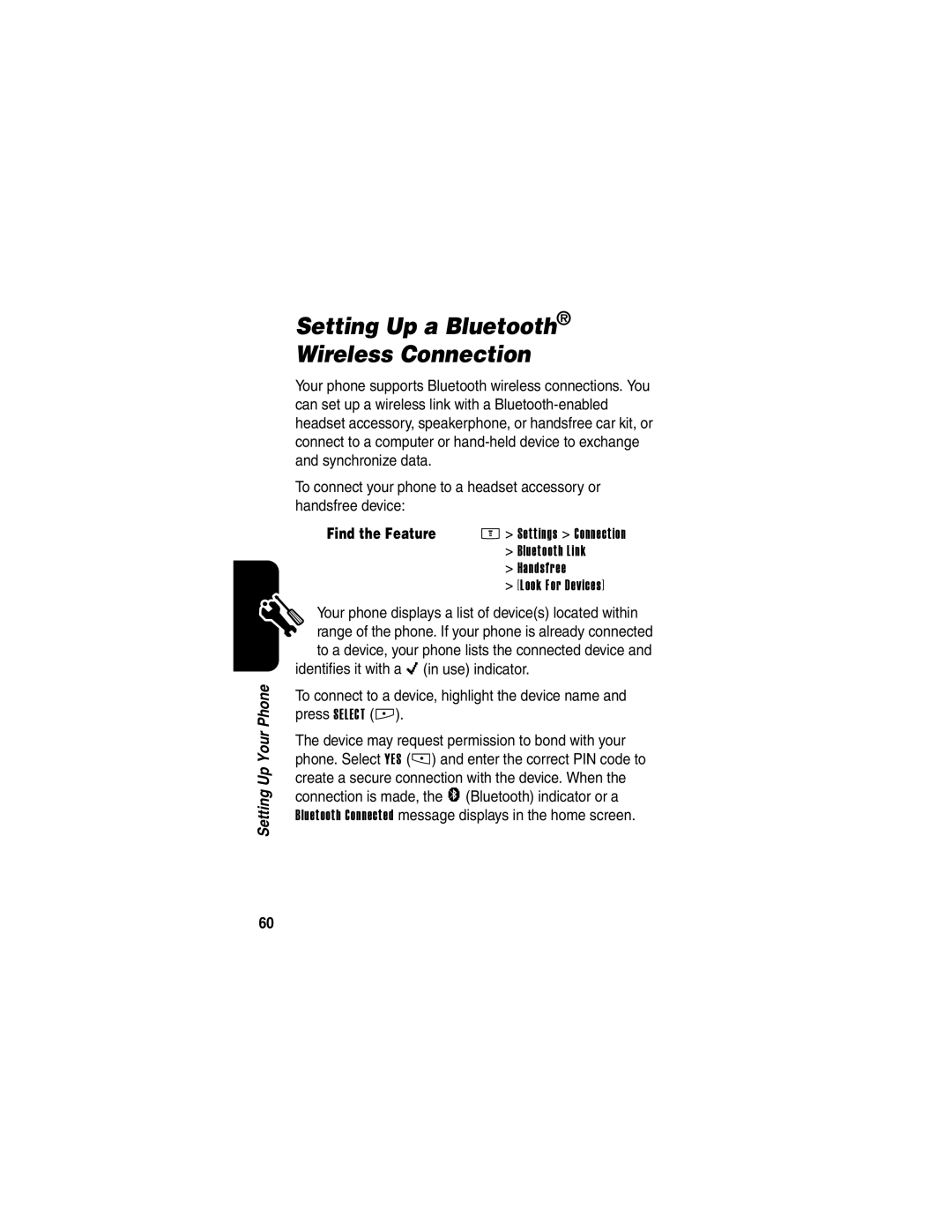 Motorola E398 manual Setting Up a Bluetooth Wireless Connection, Look For Devices 