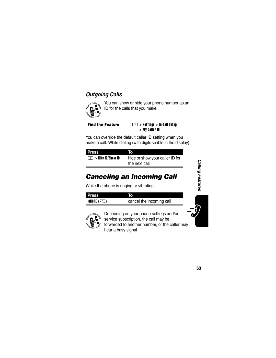 Motorola E398 manual Canceling an Incoming Call, Outgoing Calls, While the phone is ringing or vibrating 